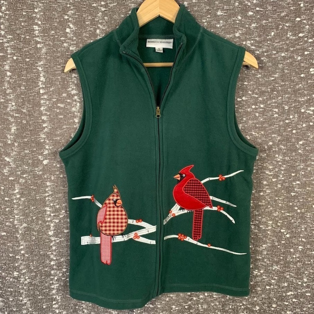 Rebecca Malone Embroidered Cardinals Green Fleece Vest Holiday Women's Small